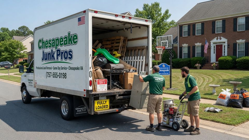 Professional junk removal team loading debris from a clean suburban property in Chesapeake VA