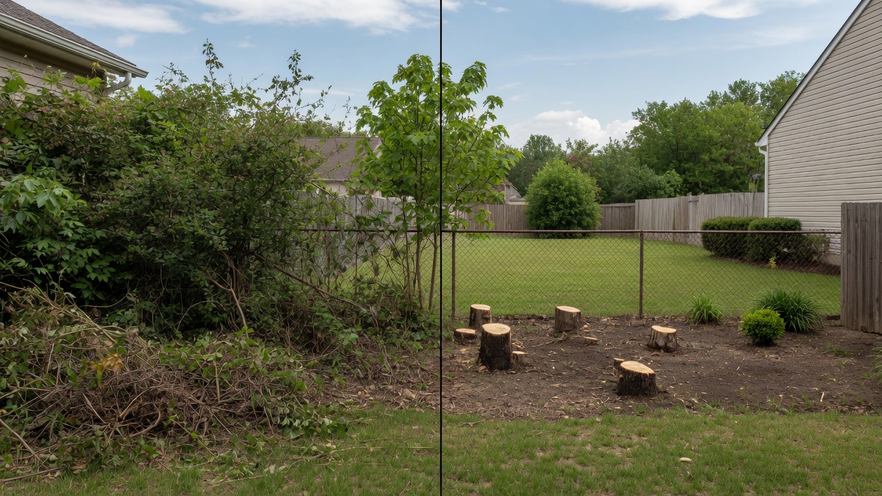 Before and after bush and brush removal on a Chesapeake property