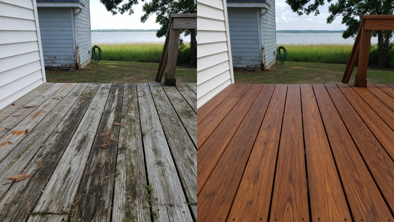 Before and after deck pressure washing and staining in Chesapeake - weathered wood restored