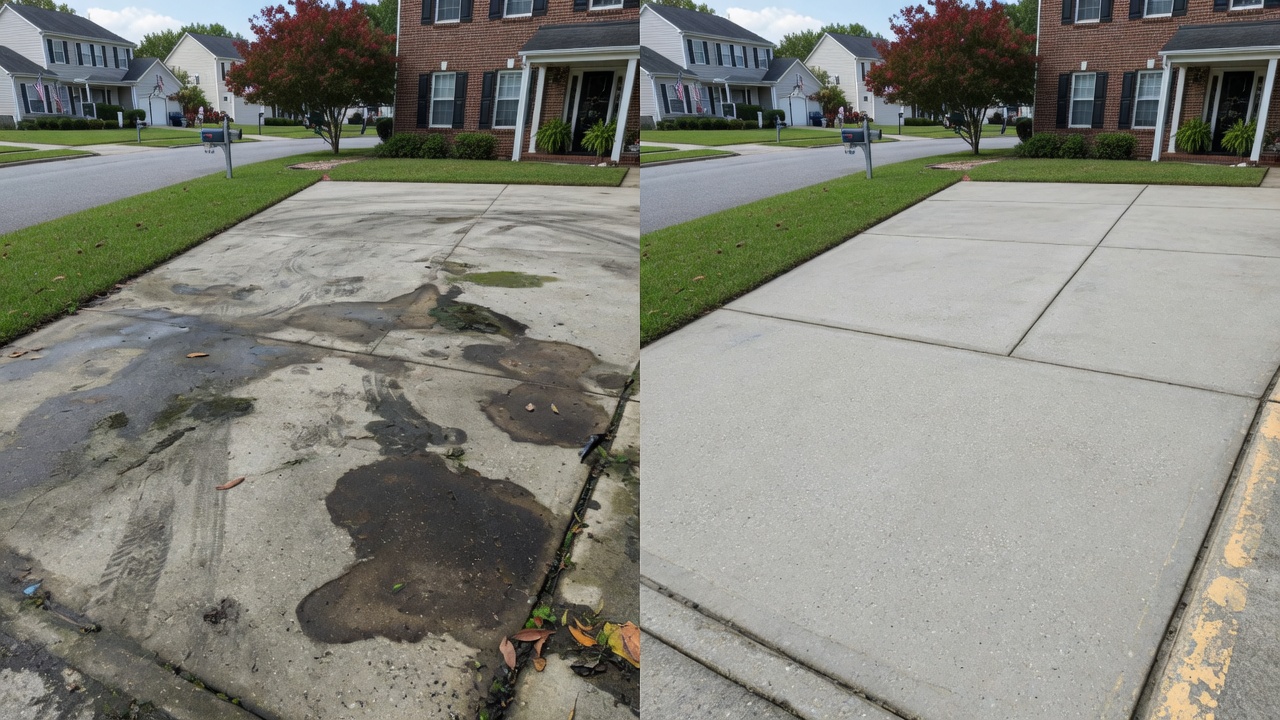 Before and after driveway pressure washing in Hampton Roads - oil stains and dirt removed