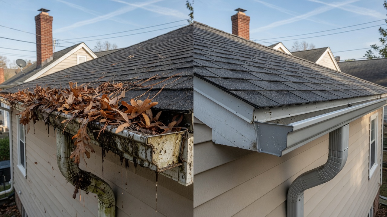 Before and after gutter cleaning and maintenance on a Norfolk home - debris cleared