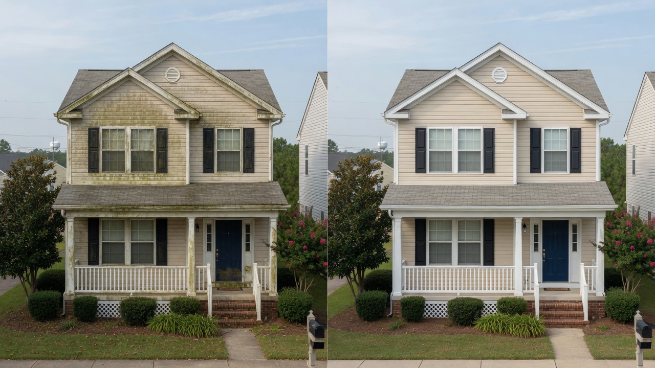Before and after professional house pressure washing on a Virginia Beach home - siding and trim restored