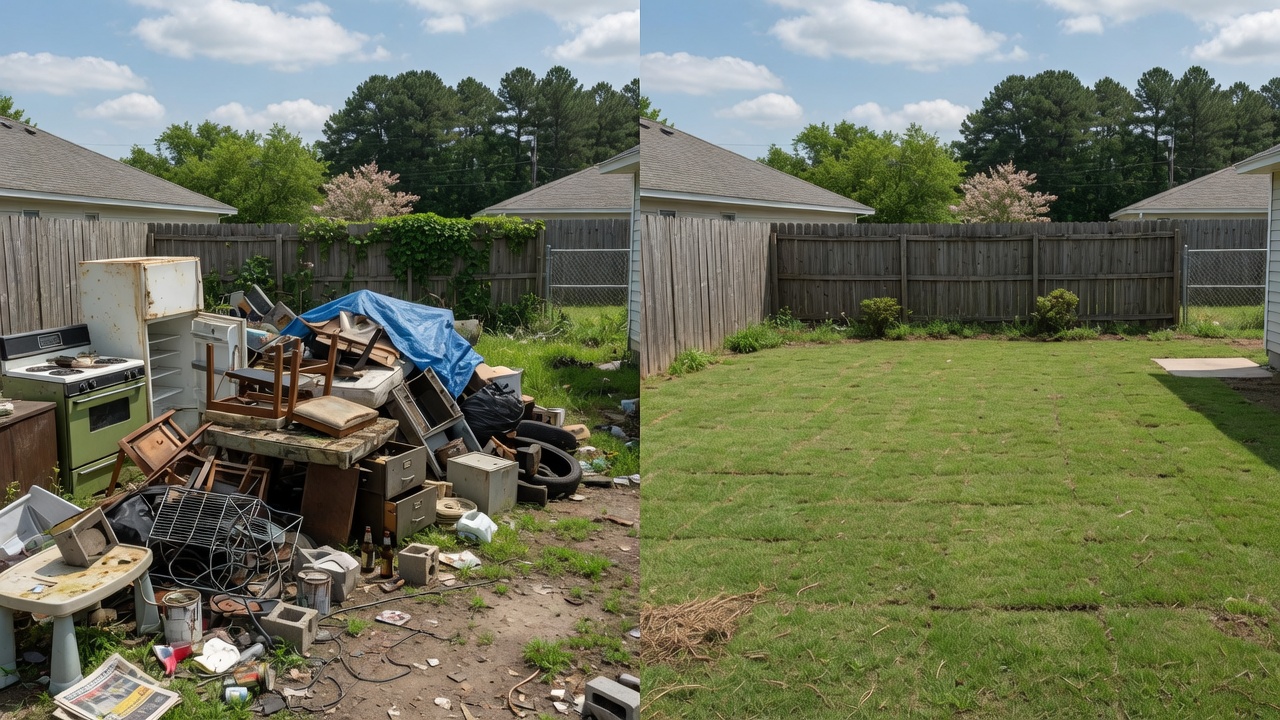 Before and after junk removal from a Hampton Roads property - full load cleared