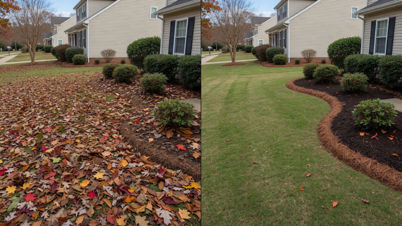 Before and after leaf removal and fall cleanup in Virginia Beach yard