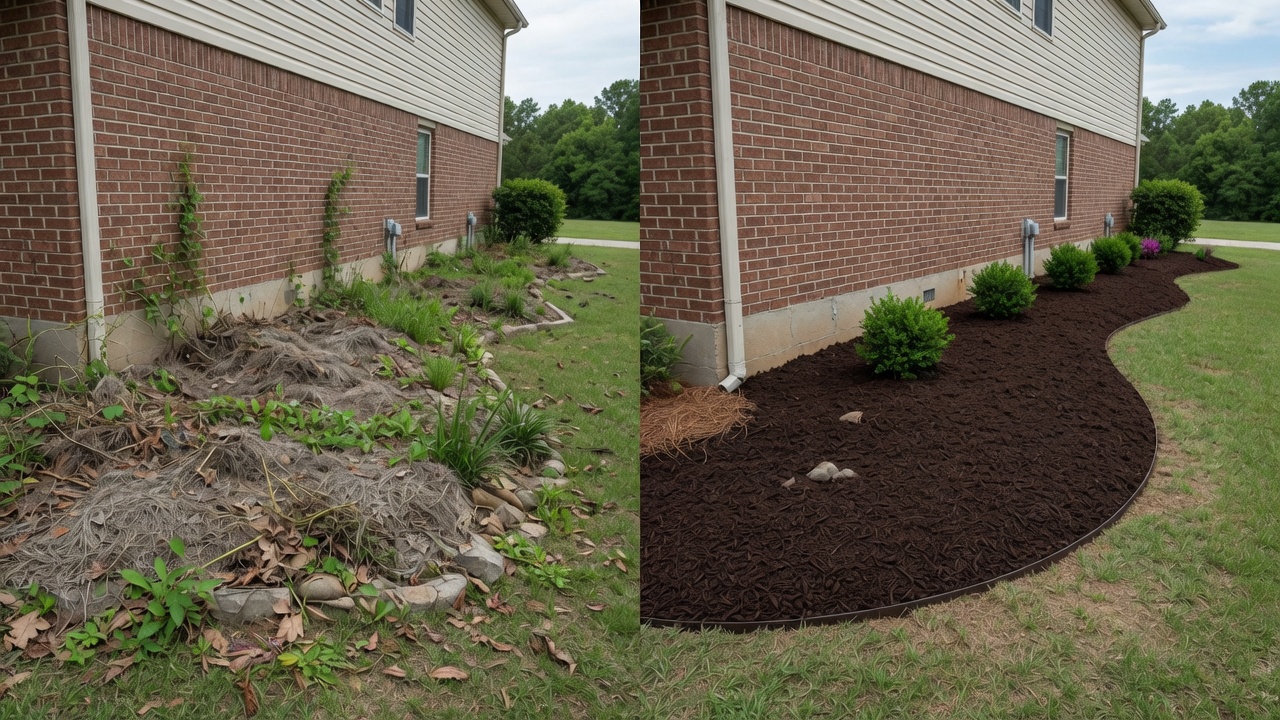 Before and after mulch bed design, clearing and installation in Newport News