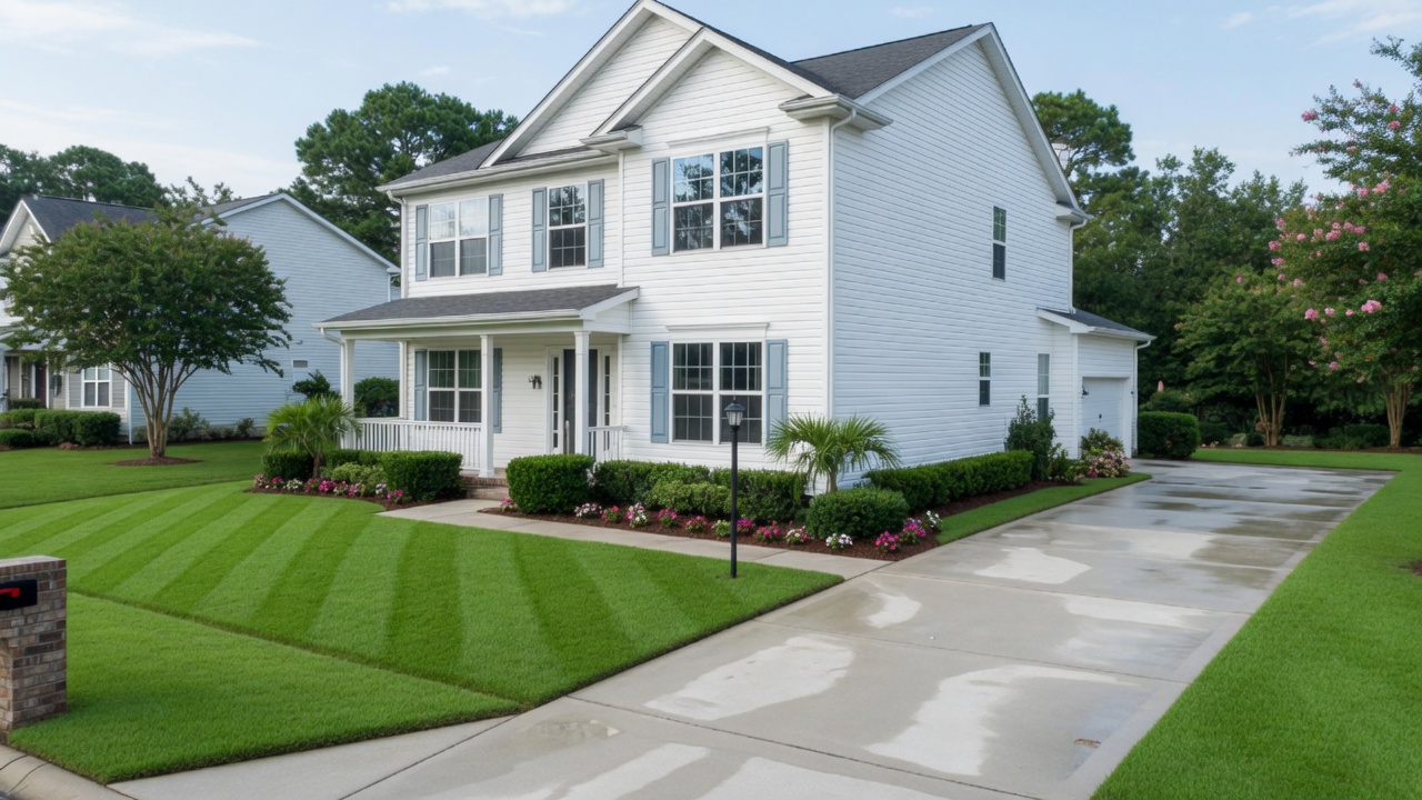 Before and after professional house pressure washing on a beautiful Virginia Beach home - bright clean siding and driveway