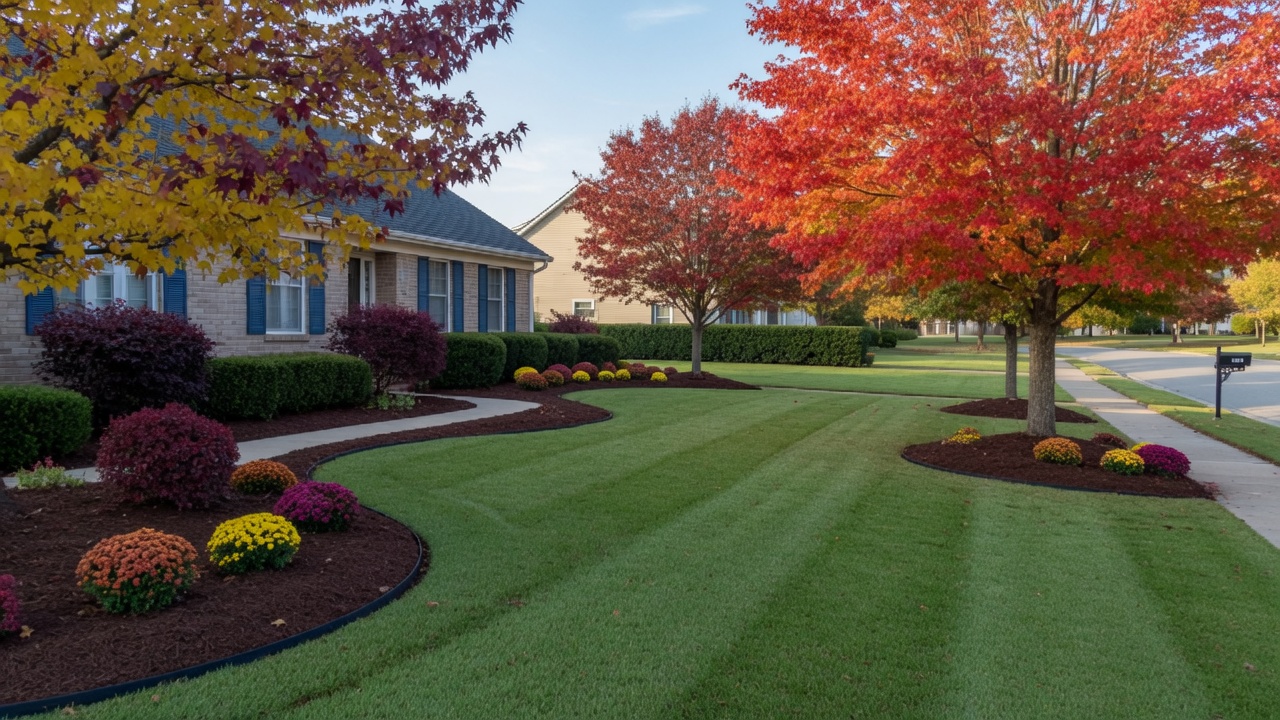 Before and after professional leaf removal and fall cleanup on a beautiful lawn in Newport News VA