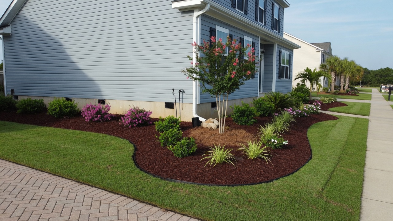 Before and after professional mulch bed design, clearing, and fresh installation around a Virginia Beach home
